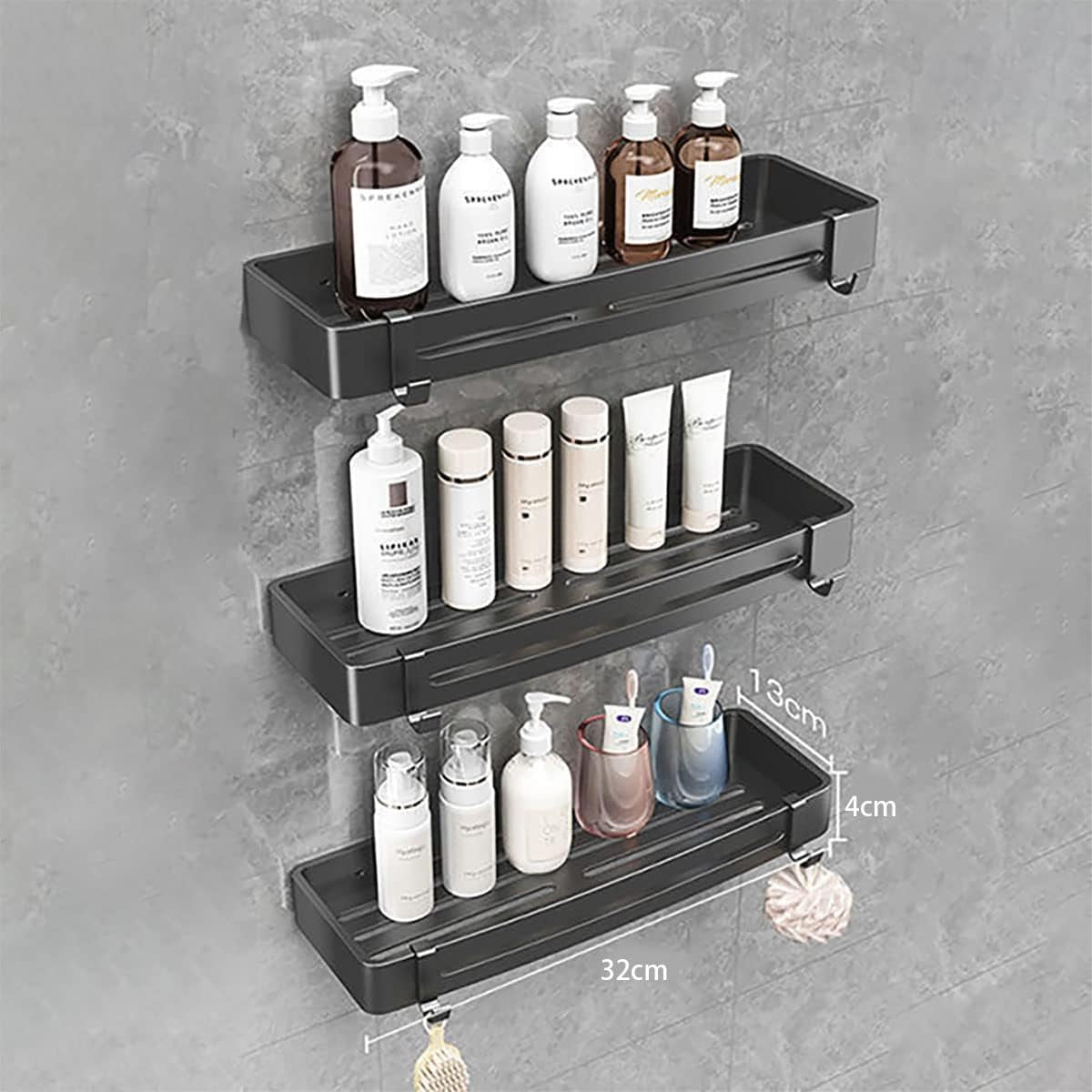 【3 Pack】Shower Caddy Shelf, Shower Interior Organisation and Storage Decoration, Shower Storage Self-Adhesive Shower Shelf, 6 Hooks, No Drilling, Space Aluminium Black