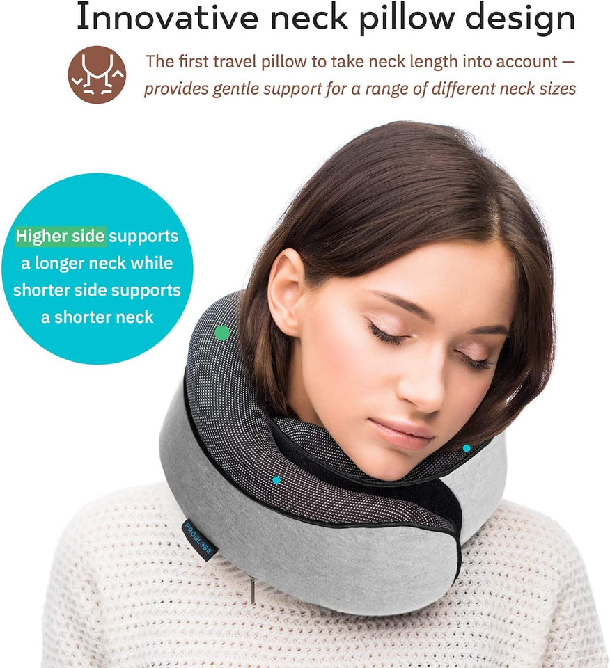 Travel Pillow 100% Pure Memory Foam Neck Pillow, Pillows for Sleeping, Car and Airplane Travel Essentials, Travel Kit with 3D Contoured Eye Masks, Earplugs and Luxury Mesh Bag (Grey)