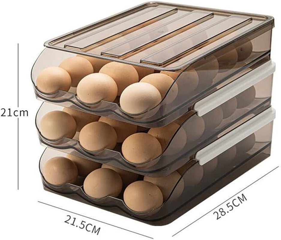 Automatic Rolling Egg Tray Storage Box Kitchen Stackable Holder Storage Container with Lid for Refrigerator Large Capacity Household Egg Fresh Tray Fridge Dispenser Organizer Bin Transparent (3-Tier)