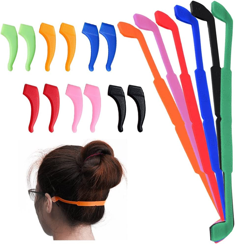 6 Pack Anti-Slip Silicone Glasses Straps with 6 Pairs Ear Grip Hooks, SENHA Soft Eyewear Retainer Eyeglasses Holder for Kids Adult Sports - Black, Red, Orange, Pink, Blue, Green