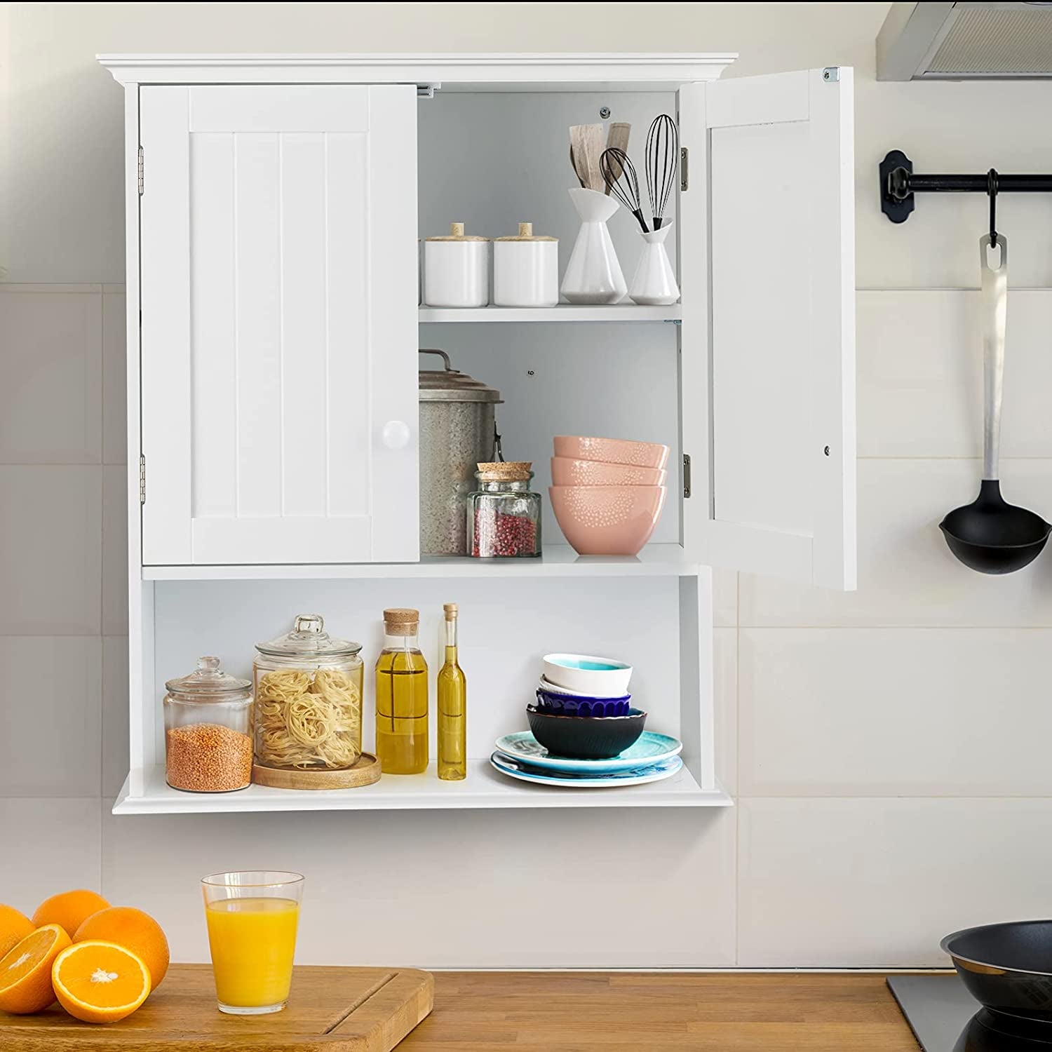 Bathroom Wall Cabinet, 2-Door Wall Mount Cabinet W/Hanging Design, Wooden Medicine Cabinet W/Adjustable Built-In Shelf, Kitchen/Laundry Storage Cupboard with Ample Storage Space (Gray/White)