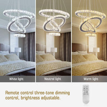 Load image into Gallery viewer, LED Modern Crystal Chandeliers 3 Colors Dimmable Remote K9 Crystal Flush Mount Ceiling Light Fixture 4 Rings Pendant Light Fixture for Bedroom Living Room Dining Room Kitchen Entryway
