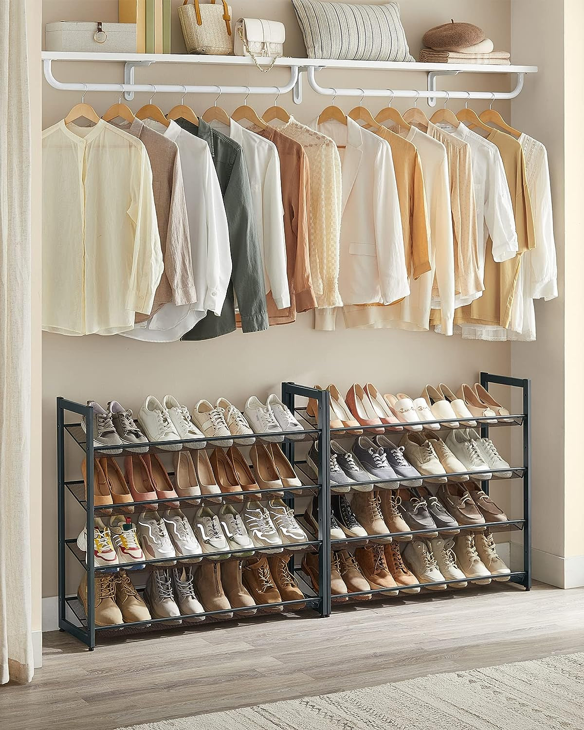 Shoe Rack, 8-Tier Shoe Organizer, Metal Shoe Storage for Garage, Entryway, Set of 2 4-Tier Stackable Shoe Shelf, with Adjustable Flat or Angled Shelves, Holds 32-40 Pairs, Grey