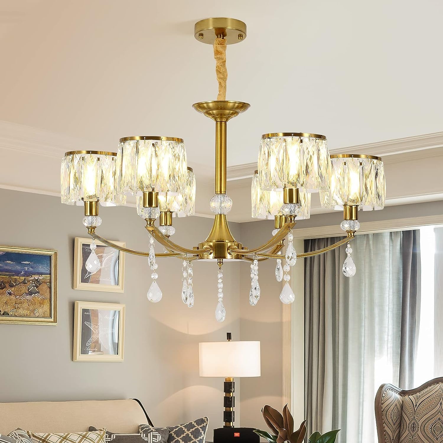 Gold Chandelier,6 Lights Wagon Wheel Chandeliers with Clear Crystal Shades,Modern Mid Century Hanging Pendant Light Fixture for Dining Room Living Room Bedroom(E14 Base)