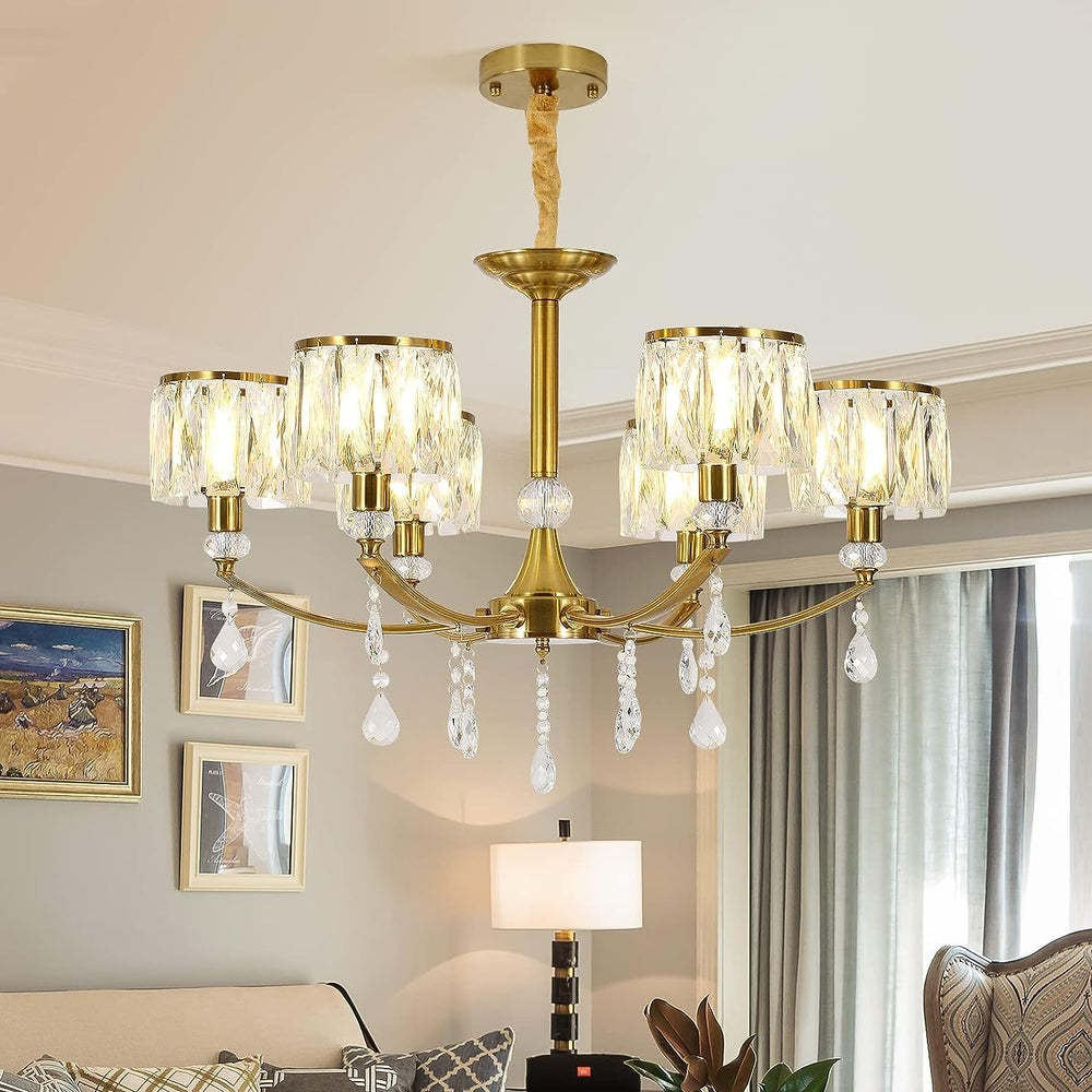 Gold Chandelier,6 Lights Wagon Wheel Chandeliers with Clear Crystal Shades,Modern Mid Century Hanging Pendant Light Fixture for Dining Room Living Room Bedroom(E14 Base)