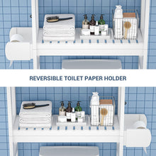 Load image into Gallery viewer, over the Toilet Storage, 3-Tier Bamboo above Toilet Shelf with Toilet Paper Holder, Bathroom Free Standing Space-Saving Rack Organizer with 3 Hooks for Restroom, Laundry, White
