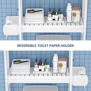 over the Toilet Storage, 3-Tier Bamboo above Toilet Shelf with Toilet Paper Holder, Bathroom Free Standing Space-Saving Rack Organizer with 3 Hooks for Restroom, Laundry, White