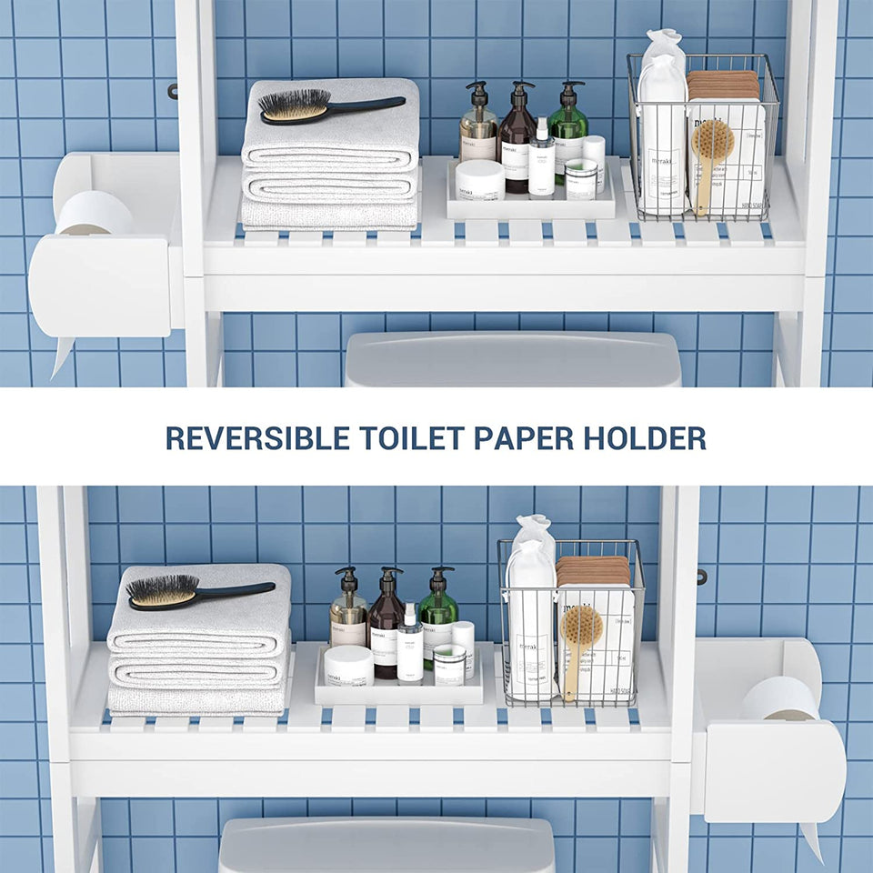 over the Toilet Storage, 3-Tier Bamboo above Toilet Shelf with Toilet Paper Holder, Bathroom Free Standing Space-Saving Rack Organizer with 3 Hooks for Restroom, Laundry, White