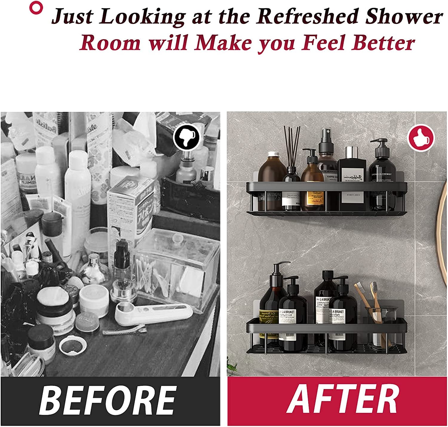 Bathroom Shelf, Wall Mounted Storage Shelves, Shower Caddy Shelf, Kitchen Spice Rack, No Drilling, Space Aluminum Rustproof - 2 Pack