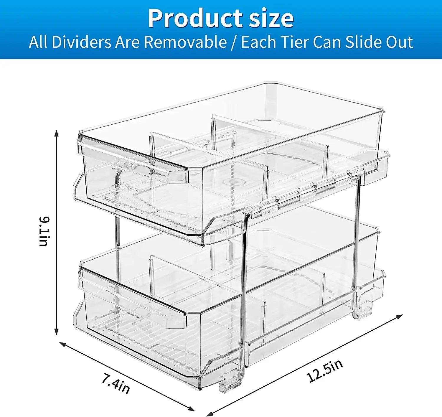 2 Tier Clear Organizer with Dividers, Multi-Purpose Slide-Out Kitchen Pantry Storage Container, Bathroom Vanity Counter Organizing Tray, under Sink Closet Organization, Medicine Cabniet Storage Bins
