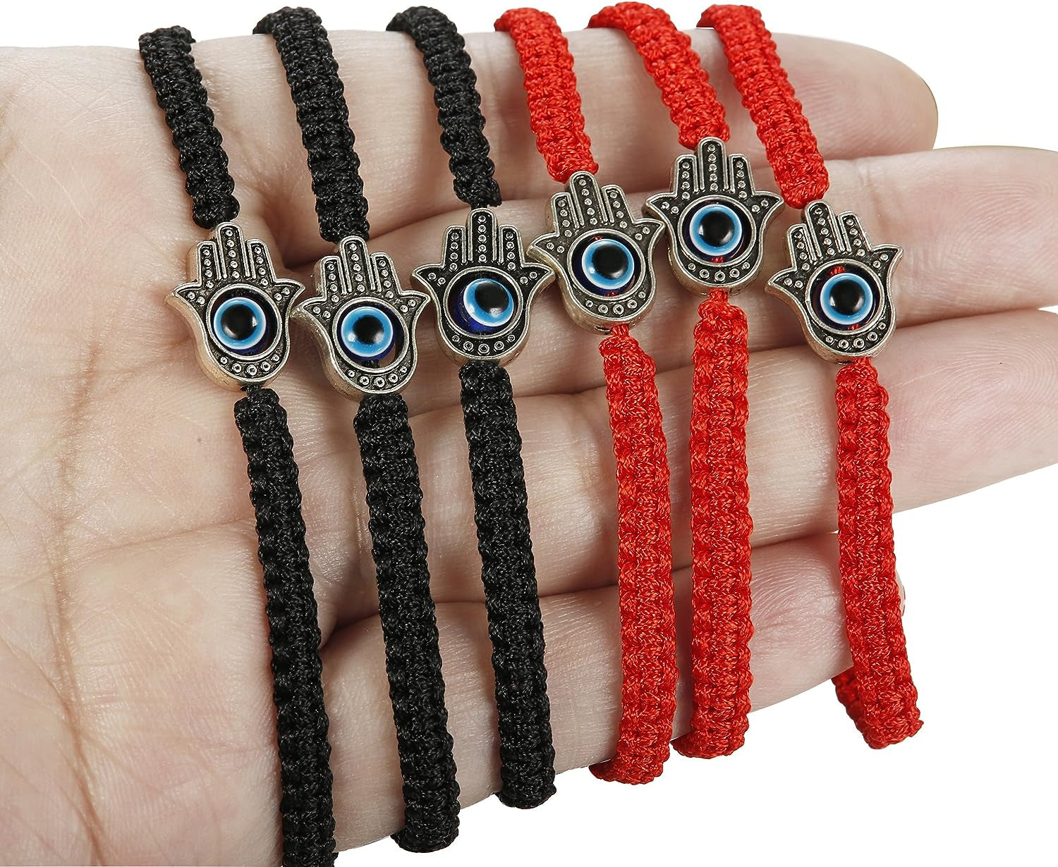 6Pcs Braided String Kabbalah Bracelets Rotating Evil Eye Hamsa Hand for Protection Bracelet Red/Black String