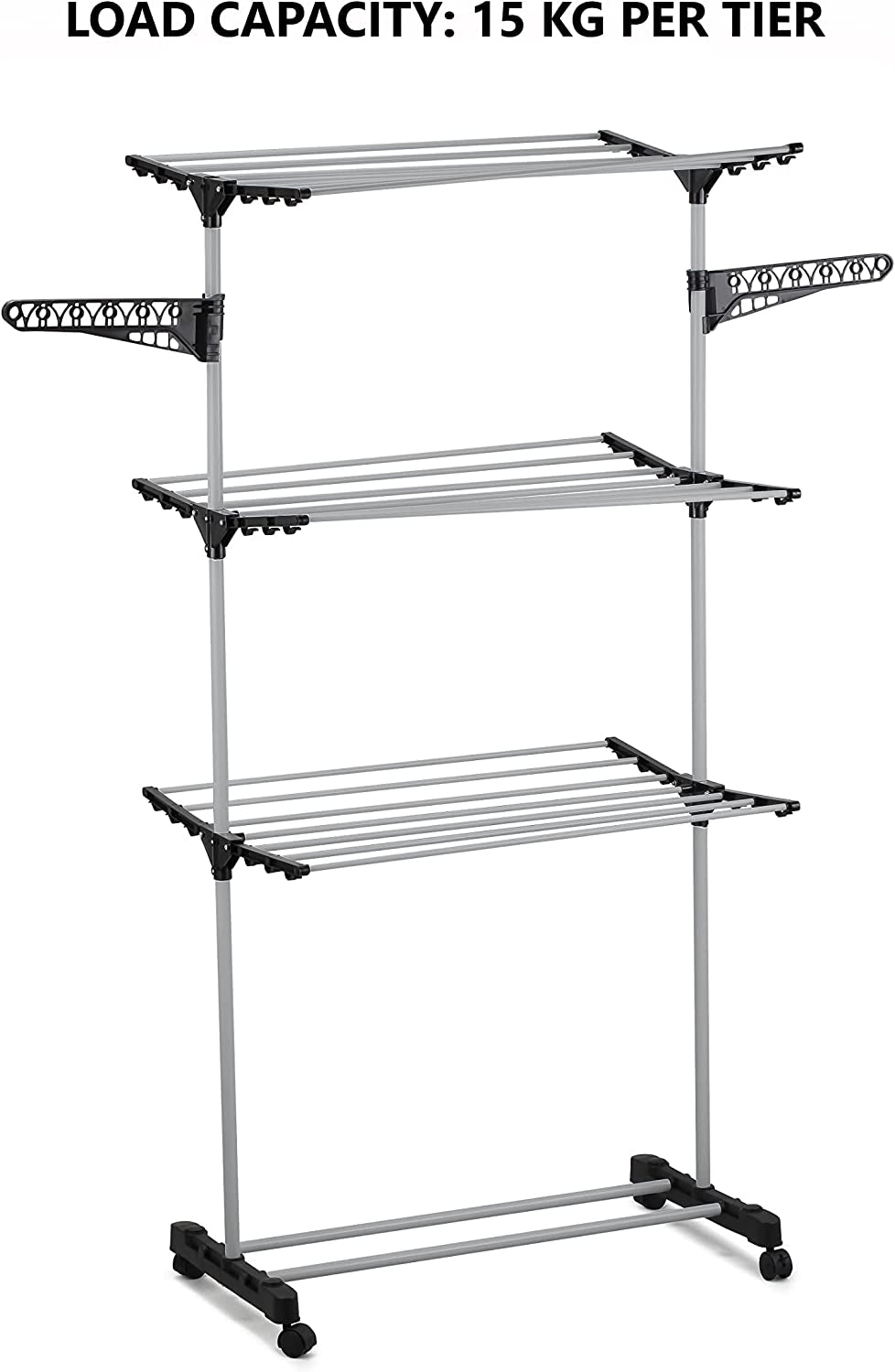 Folding 3 Tier Clothes Laundry Drying Rack, Stainless Steel Tubes, Rolling Collapsible Garment Laundry Dryer Hanger Stand Rail Indoor & Outdoor Home