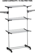 Load image into Gallery viewer, Folding 3 Tier Clothes Laundry Drying Rack, Stainless Steel Tubes, Rolling Collapsible Garment Laundry Dryer Hanger Stand Rail Indoor &amp; Outdoor Home
