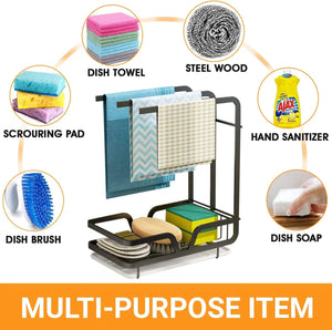 Kitchen Sink Caddy Organiser with Removal Drainage Tray, Metal Countertop Sponge & Soap Holder, Dishcloth Towel Hanger- Free Standing or Wall-Mounted (Black)