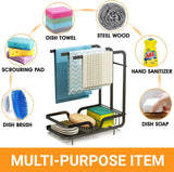 Kitchen Sink Caddy Organiser with Removal Drainage Tray, Metal Countertop Sponge & Soap Holder, Dishcloth Towel Hanger- Free Standing or Wall-Mounted (Black)