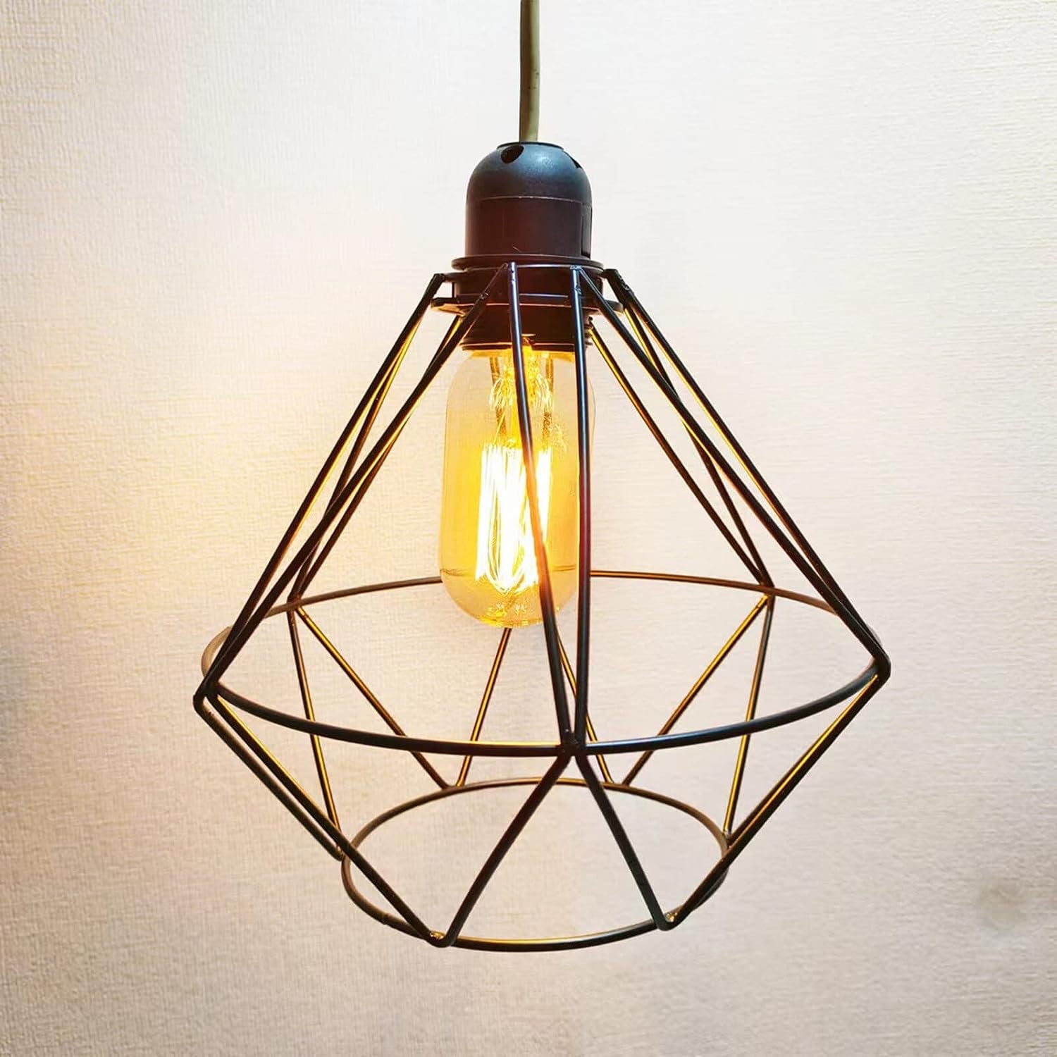 Metal Wire Cage Lamp Guard Ceiling Fan Light Covers Black Vintage Style Light Cage Iron Wire Diamonds Shape Industrial Ceiling Fixture Lamp Shade for Pendant Lights 20Cm