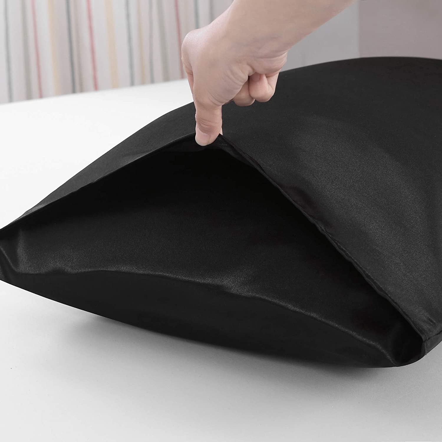Justlinen 2 Pack Satin Pillowcase for Hair and Skin Queen Size, Satin Pillow Case with Envelope Closure Luxury Pillow Cover, Cooling Pillow Cover for Curly Hair-Soft, Breathable, Wrinkle, Fade Resistant(51X76Cm)-Black