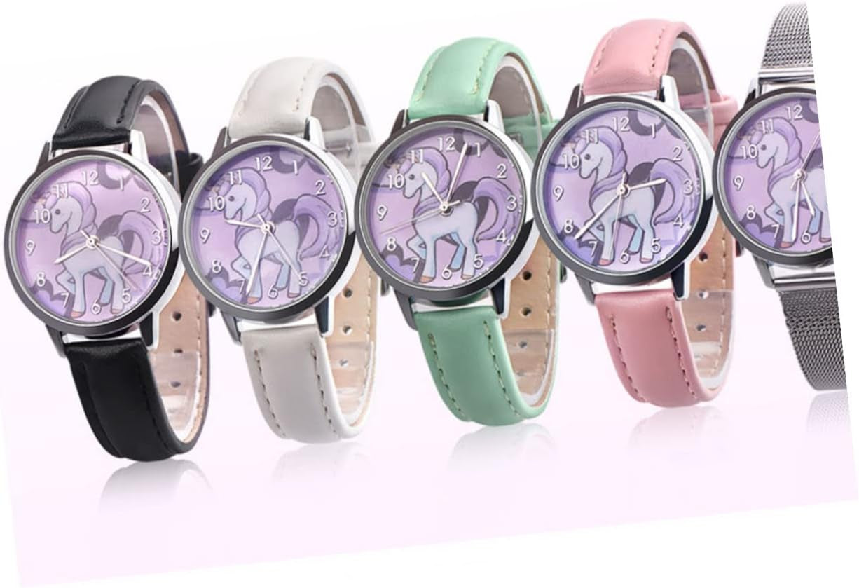 2Pcs Fashion Leather Gift Birthday Pink for Bands Kids with Device Time Unicorn Pattern Wrist Cartoon Watch Children