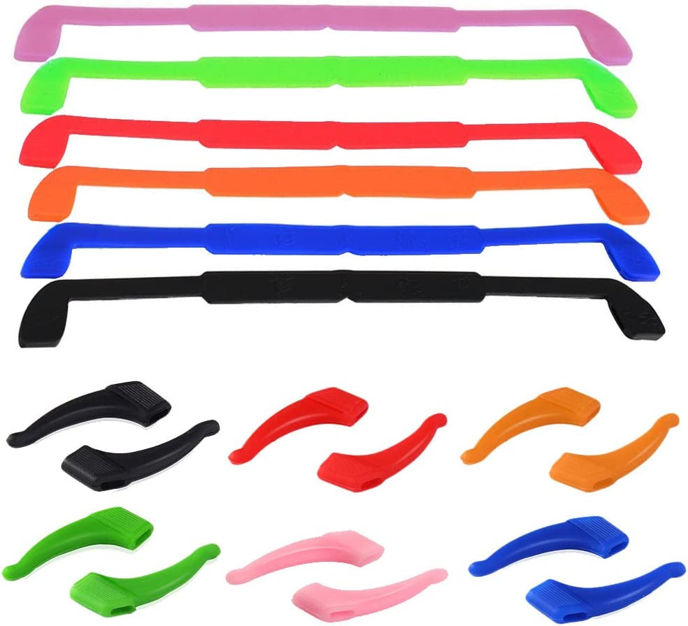 6 Pack Anti-Slip Silicone Glasses Straps with 6 Pairs Ear Grip Hooks, SENHA Soft Eyewear Retainer Eyeglasses Holder for Kids Adult Sports - Black, Red, Orange, Pink, Blue, Green
