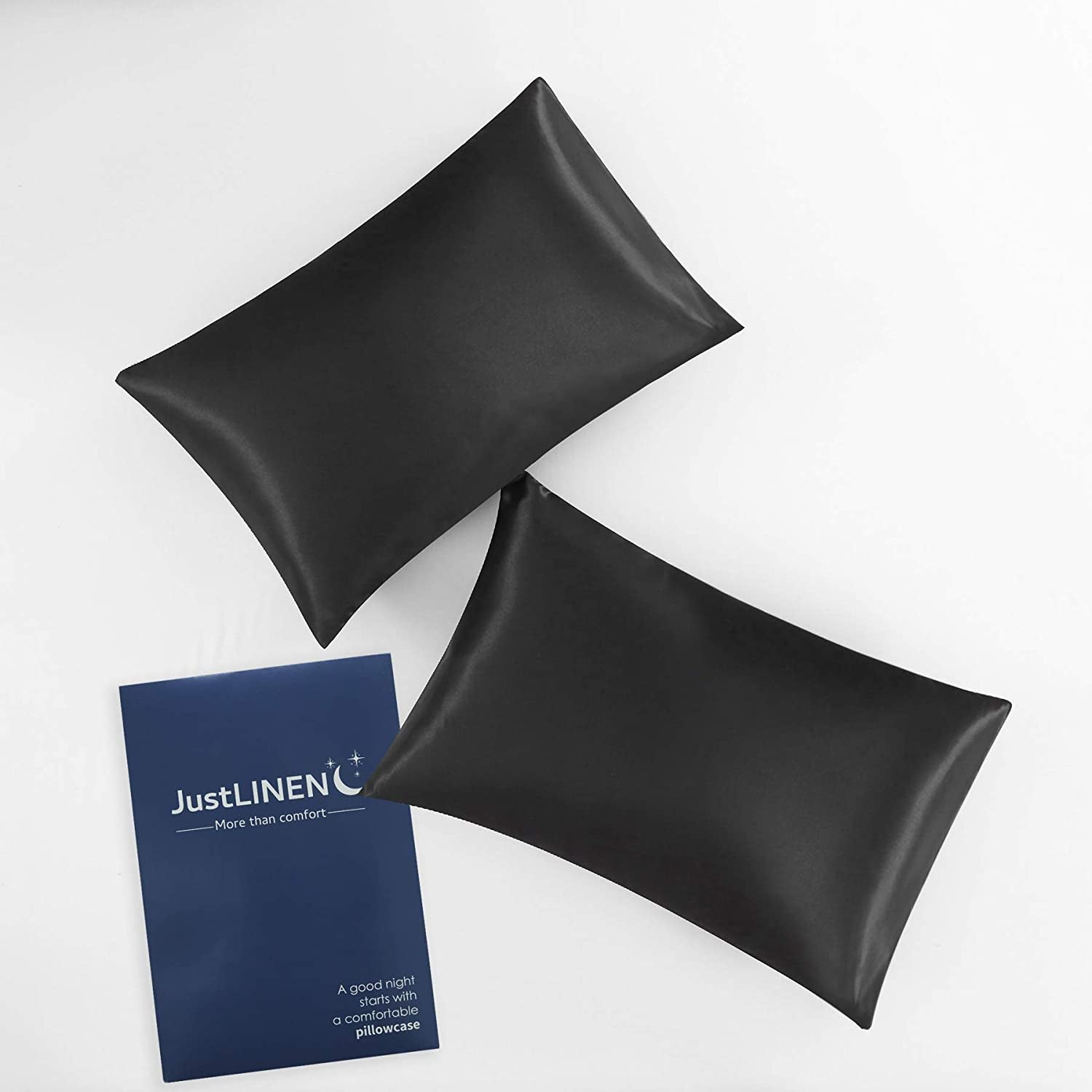 Justlinen 2 Pack Satin Pillowcase for Hair and Skin Queen Size, Satin Pillow Case with Envelope Closure Luxury Pillow Cover, Cooling Pillow Cover for Curly Hair-Soft, Breathable, Wrinkle, Fade Resistant(51X76Cm)-Black
