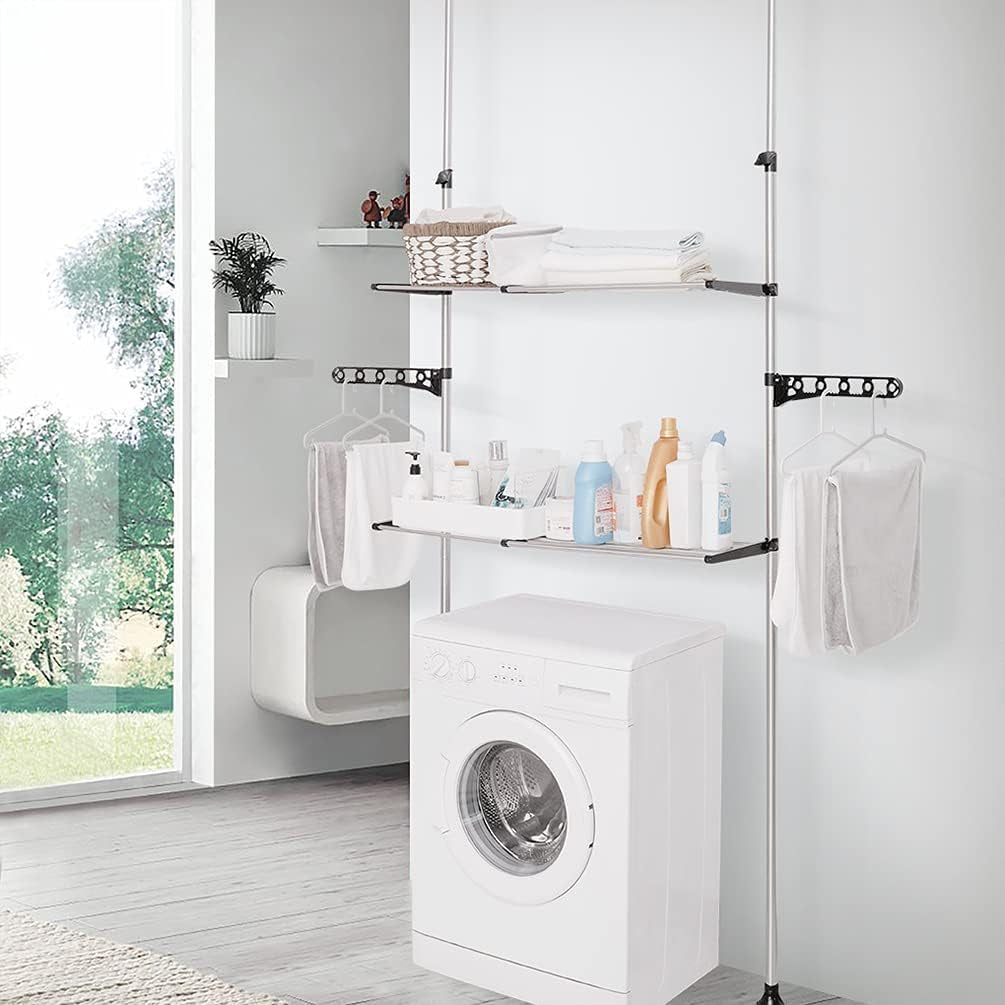 2-Layer Expandable Laundry Shelf over Washing Machine Storage Rack Tension Pole Space Saver Bathroom Organizer with Towels Clothes Hanger Hook
