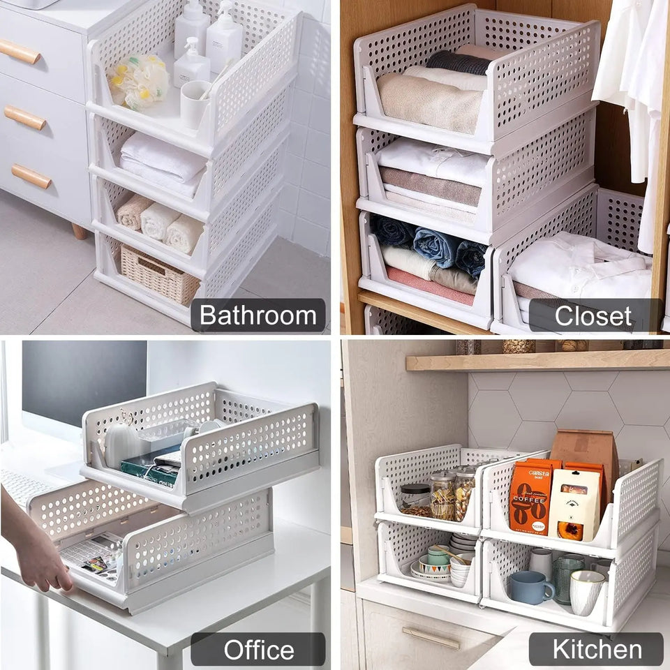 UHAPEER Stackable Plastic Storage Basket-Foldable Closet Organizers and Storage Bins 3 Pack-Drawer Shelf Storage Container for Wardrobe Cupboard Kitchen Bathroom Office 3L