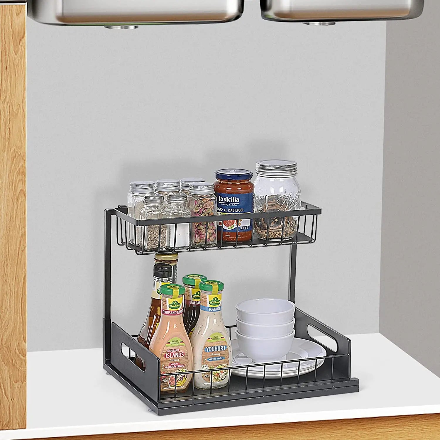 2-Tier under Sink Sliding Storage Drawer,Kitchen Organiser Rack,Pull-Out Sliding Baskets for Cupboard,Bathroom,Cabinet
