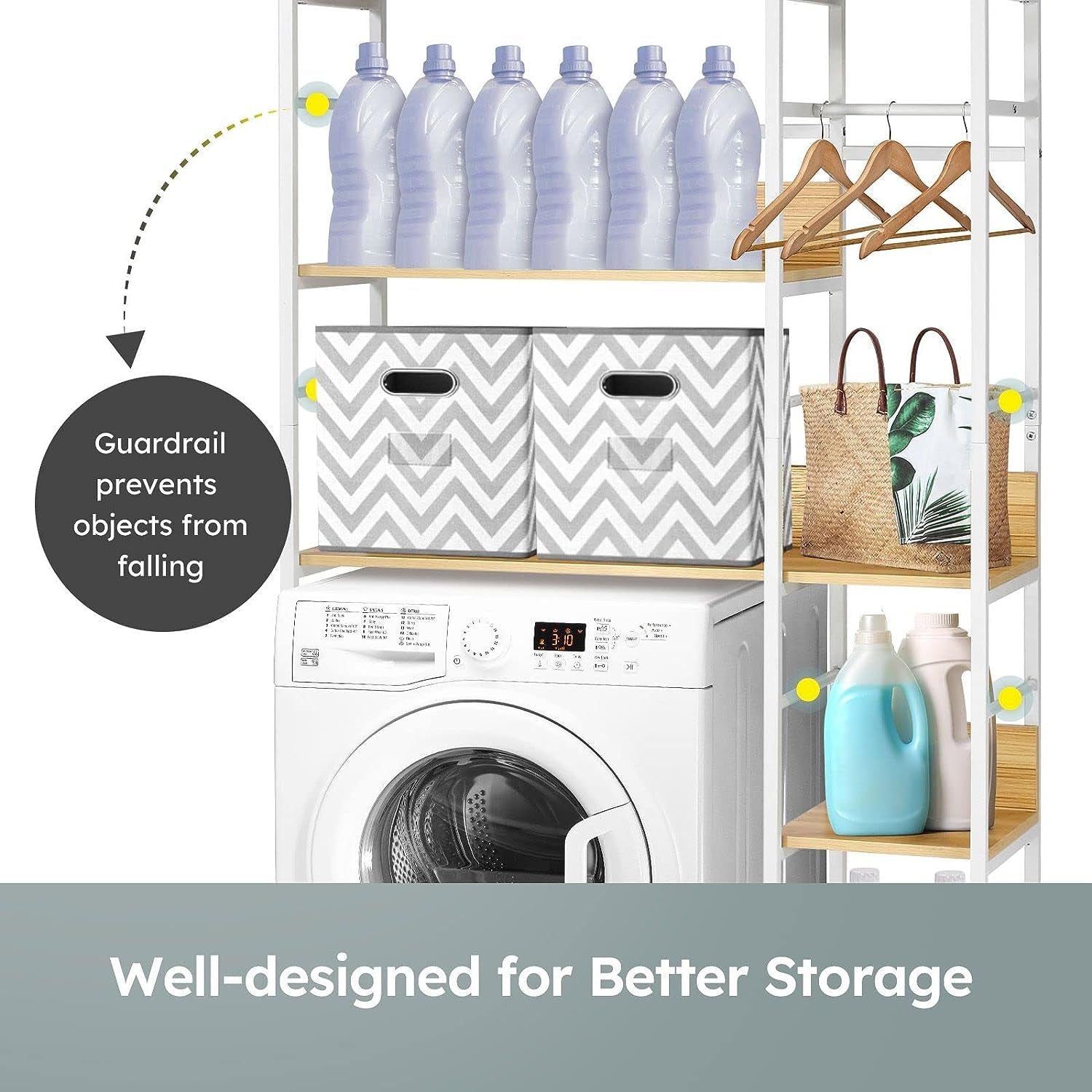 5 Tier over Toilet Shelf Bathroom Rack Organiser Laundry Shelves Storage Freestanding White & Wood