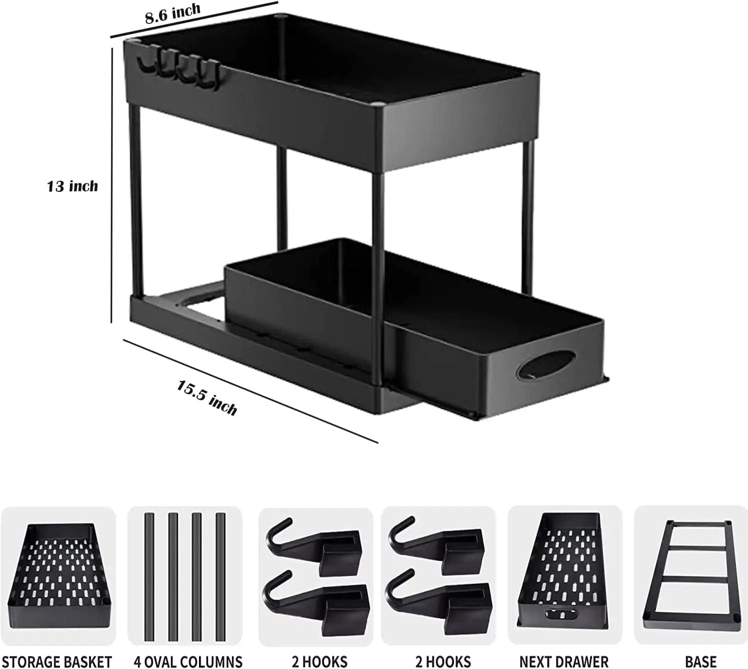 under Sink Organizers and Storage Pull Out Sliding Drawers,2 Tier Under-Sink Organizers with Sliding Drawer with 4 Hooks,Under Sliding Cabinet Basket Organizer Holder for Bathroom Kitchen