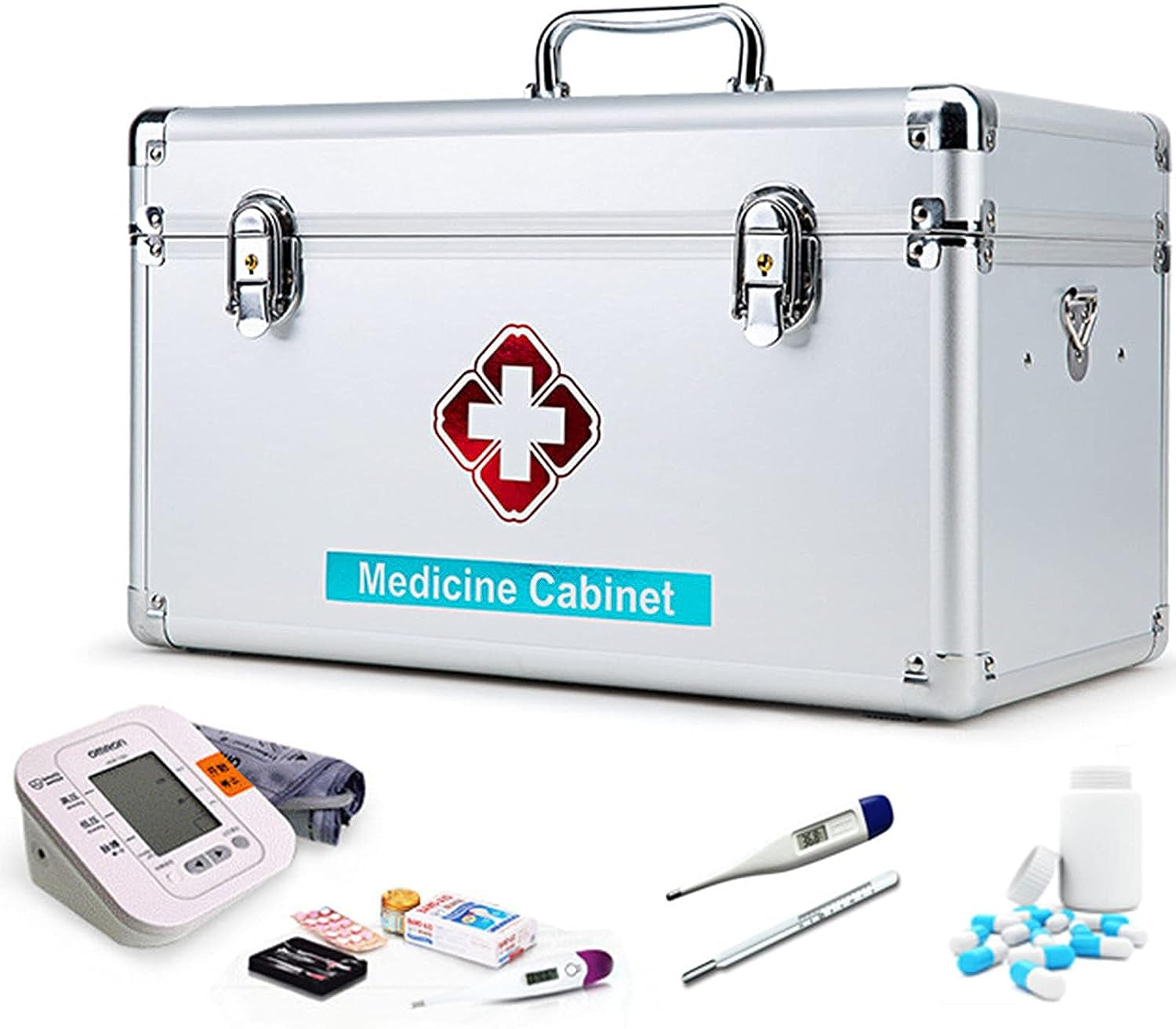 Medical Storage Box,With Two Safety Locks,Portable Storage Travel Kit Box with Removable Tray and Handle,Medical Supplies Box for Business,School,Car or Home,12In