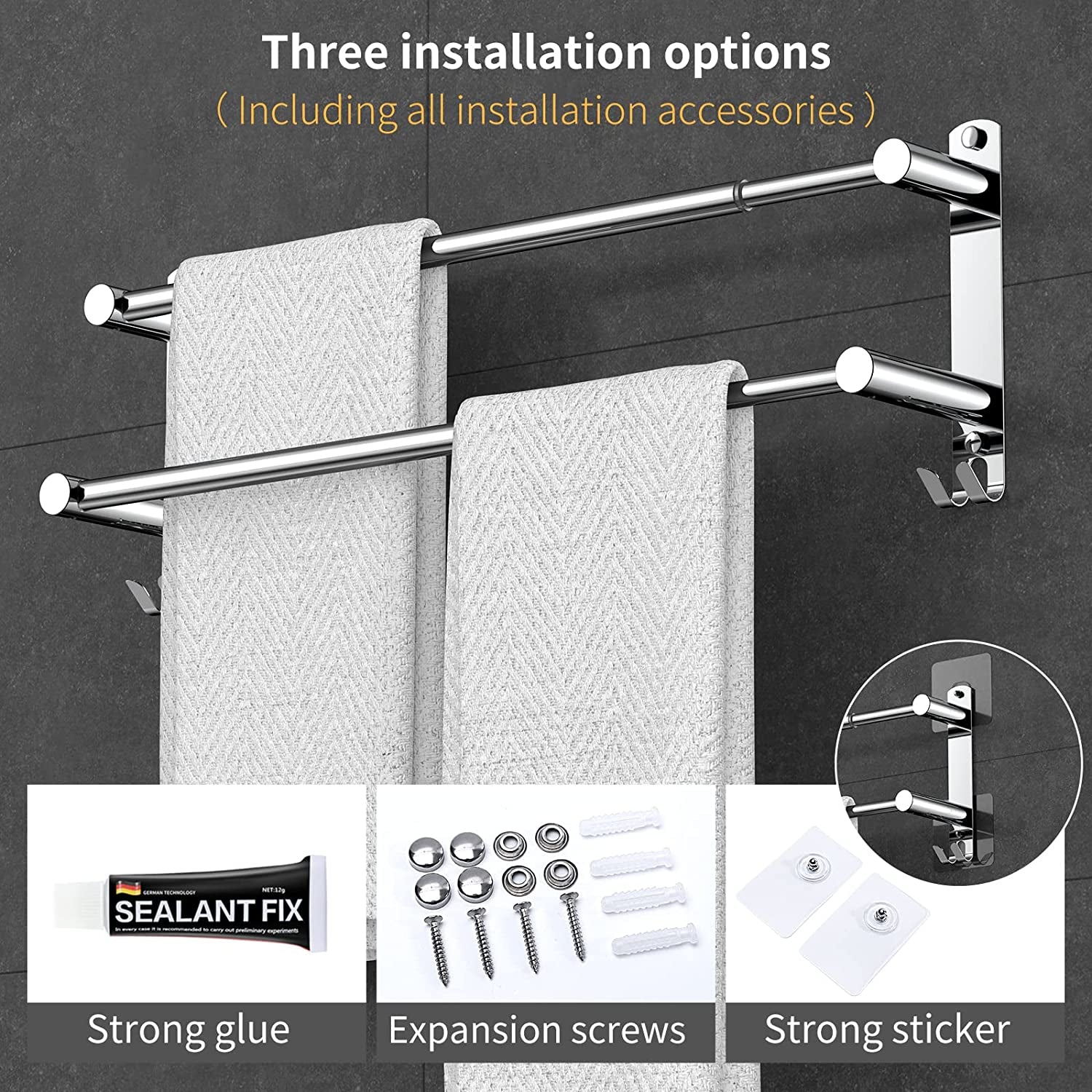 Stretchable 45-75 Cm(17-30 Inches) Towel Bar for Bathroom Kitchen Hand Towel Holder Dish Cloths Hanger SUS304 Stainless Steel RUSTPROOF Wall Mount No Drill Sdjustable (Two BAR)