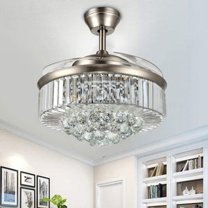 Reversible Retractable Ceiling Fans with LED Light and Remote, 42 Inch Invisible Ceiling Fan Chandelier with 4 Clear ABS Blades, Bedroom Fandelier Indoor Crystal Ceiling Light Kits with Fans (Chrome)