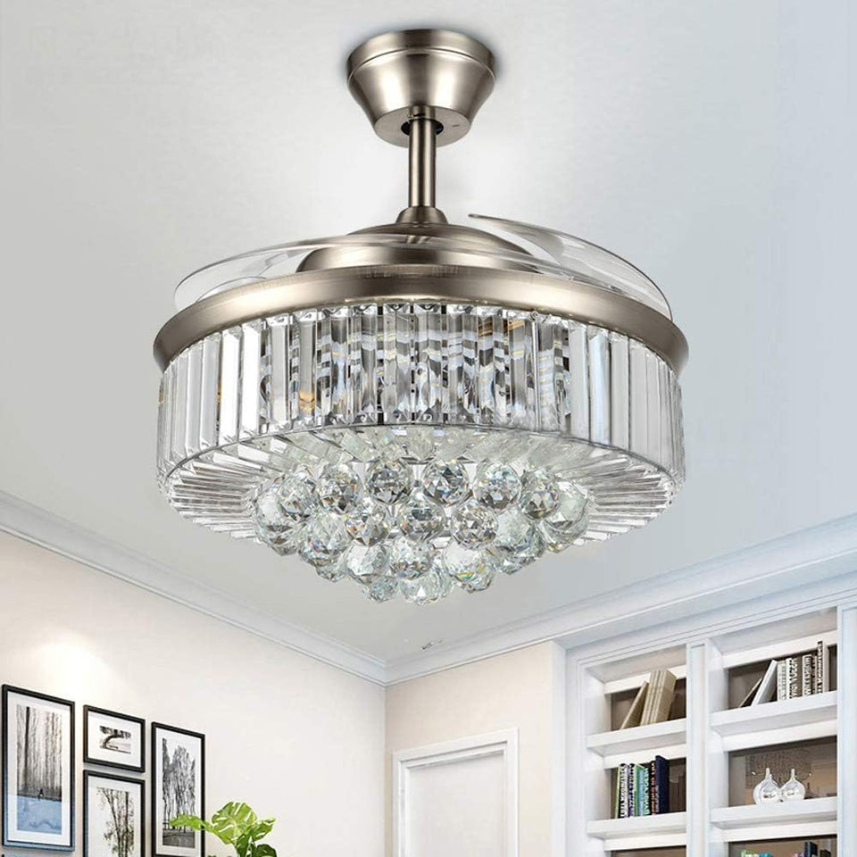 Reversible Retractable Ceiling Fans with LED Light and Remote, 42 Inch Invisible Ceiling Fan Chandelier with 4 Clear ABS Blades, Bedroom Fandelier Indoor Crystal Ceiling Light Kits with Fans (Chrome)