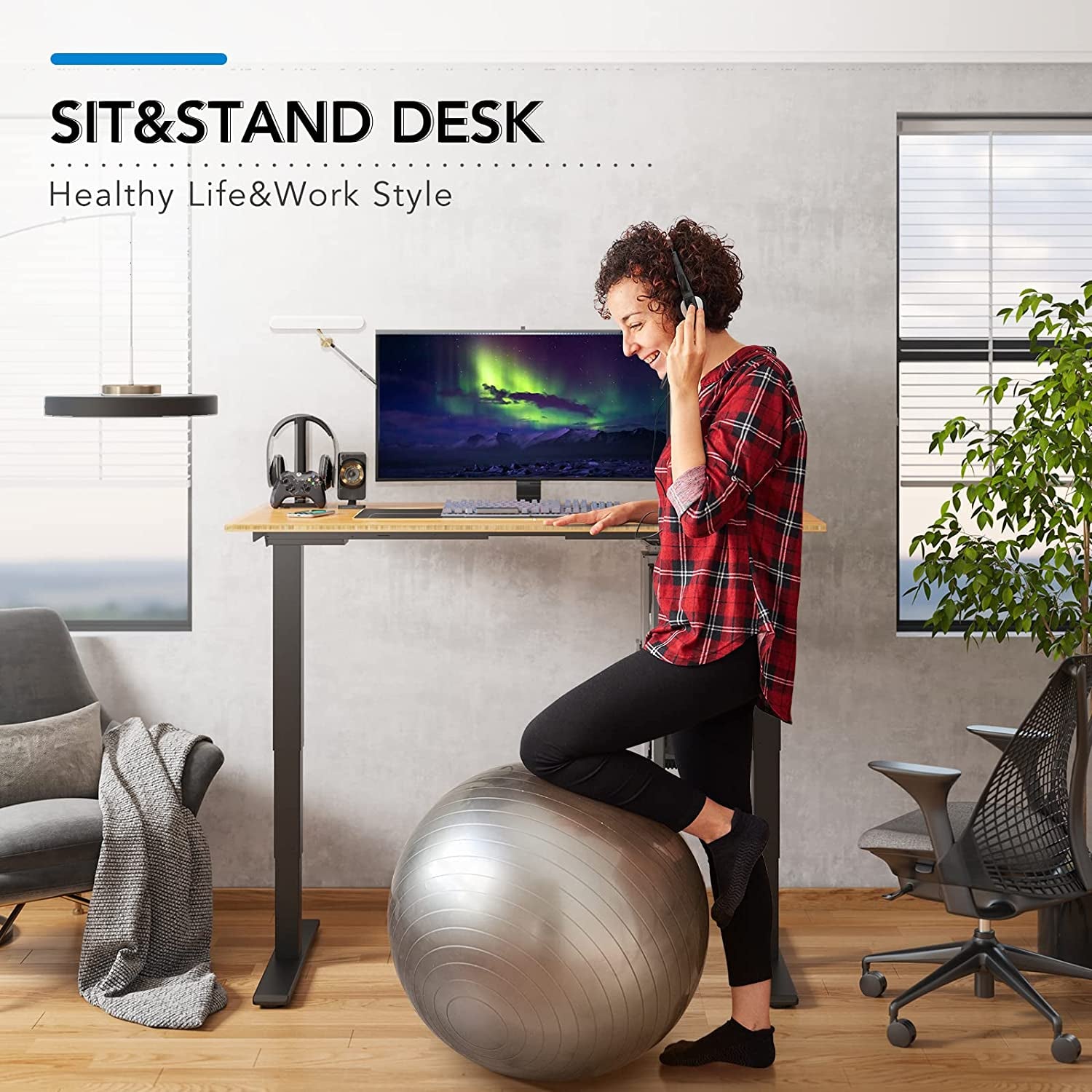 EN1 Electric Stand up Desk 140Cm X 70Cm (55" X 28") Bamboo Whole-Piece Desktop Ergonomic Memory Controller Height Adjustable Standing Desk (Black Frame+Bamboo Top)