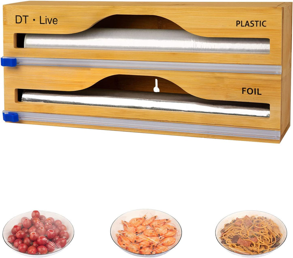 Foil and Plastic Wrap Organizer, 2 in 1 Plastic Wrap Dispenser with Slide Cutter, with 2 Slide Cutters, Compatible with 30.5Cm Roll, Foil Dispenser for Plastic Wrap, Aluminum Foil and Wax Paper