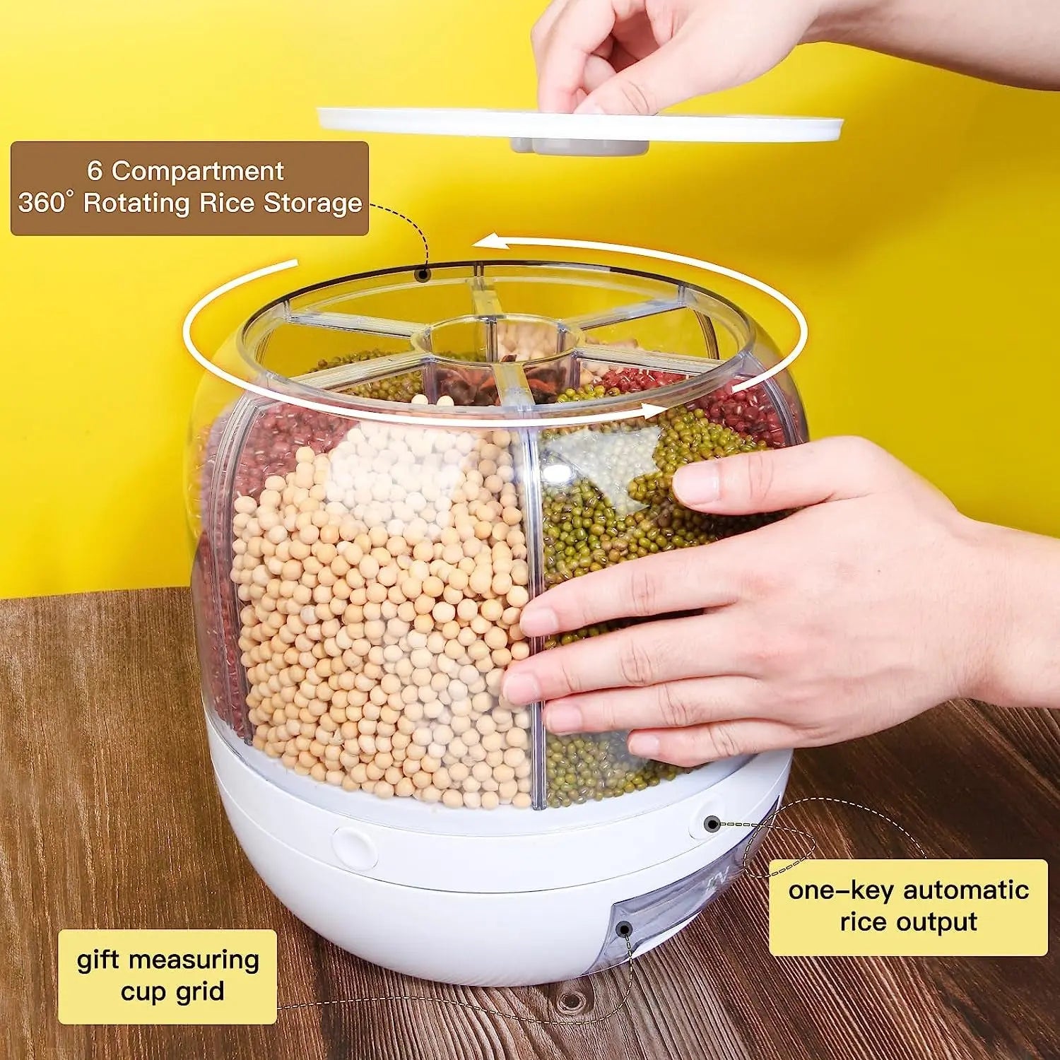 Gingersun 6In1 Rotating Grain Dispenser, 6 Compartment 360° Rotating Rice Storage Cereal Container Box Kitchen Food Divided Case with Measure Cup, 8KG Capacity