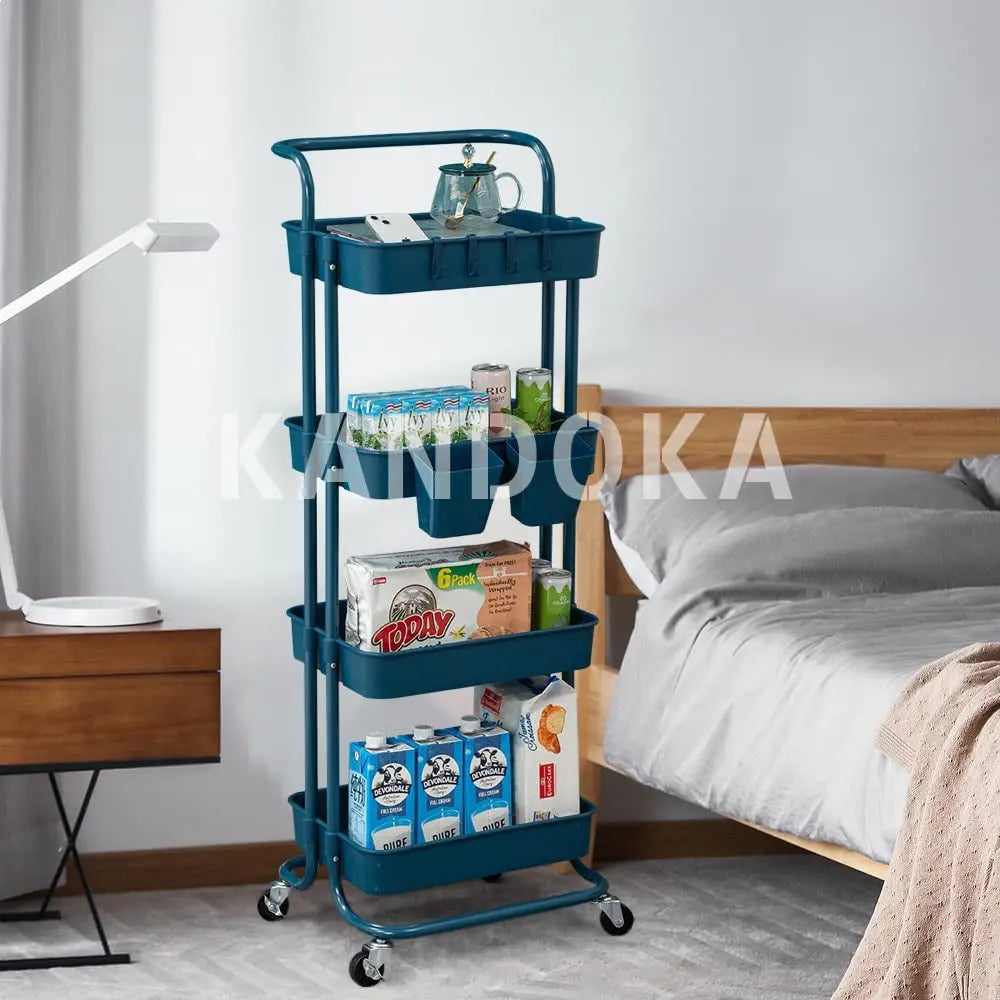 4 Tier Rolling Cart Organizer Kitchen Utility Cart with Wheels Kitchen Storage Cart on Wheels Spice Rack Organizer with Handle & Hooks & Cups Trolley Pantry Organizer Shelf Bathroom Accessories(Blue)