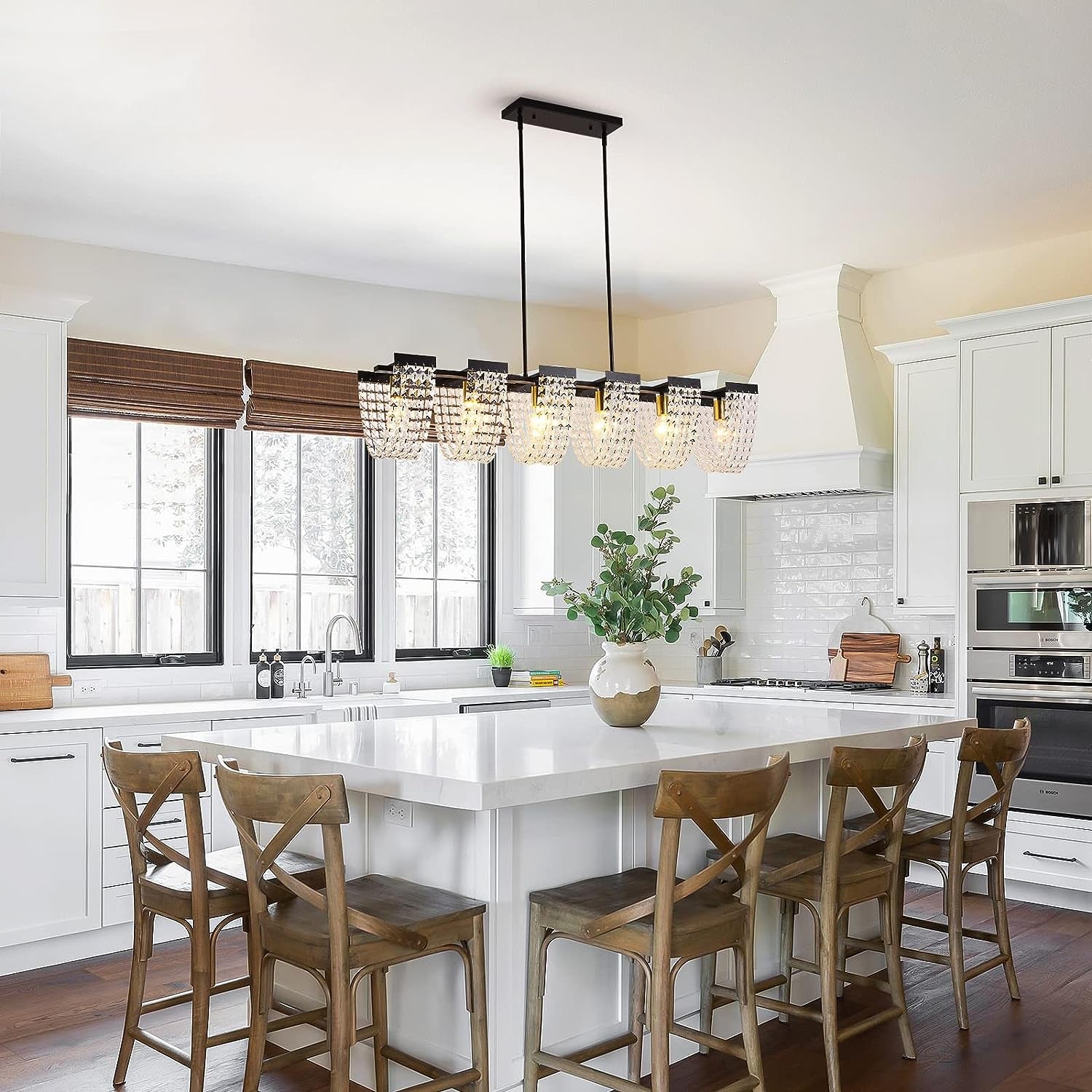 6-Light Kitchen Island Lighting Farmhouse Black Dining Room Chandelier Vintage Adjustable Linear Pendant Light Fixture with Metal&Crystal Finish (48" Length, E27 Bulbs)