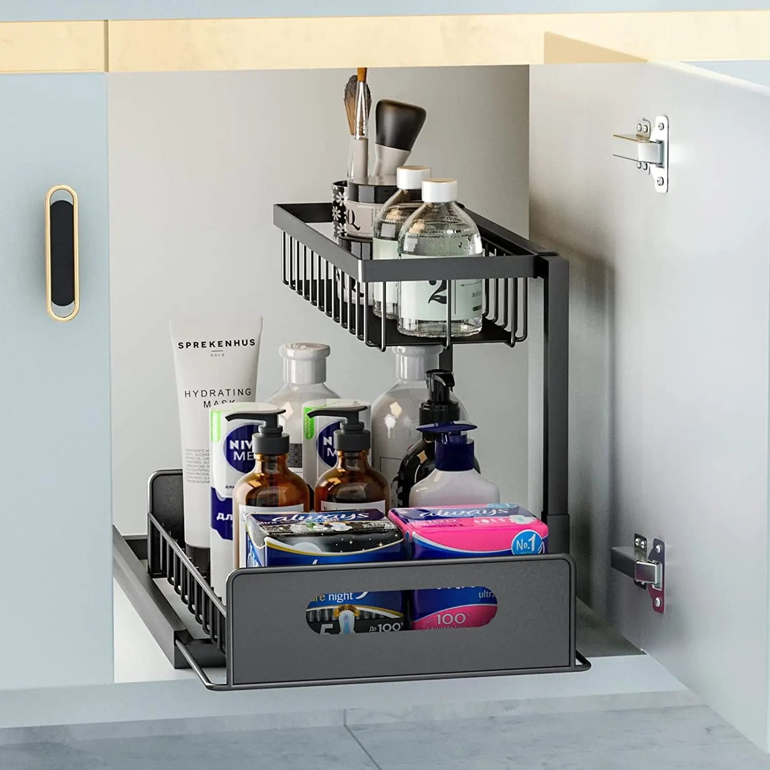2-Tier under Sink Sliding Storage Drawer,Kitchen Organiser Rack,Pull-Out Sliding Baskets for Cupboard,Bathroom,Cabinet