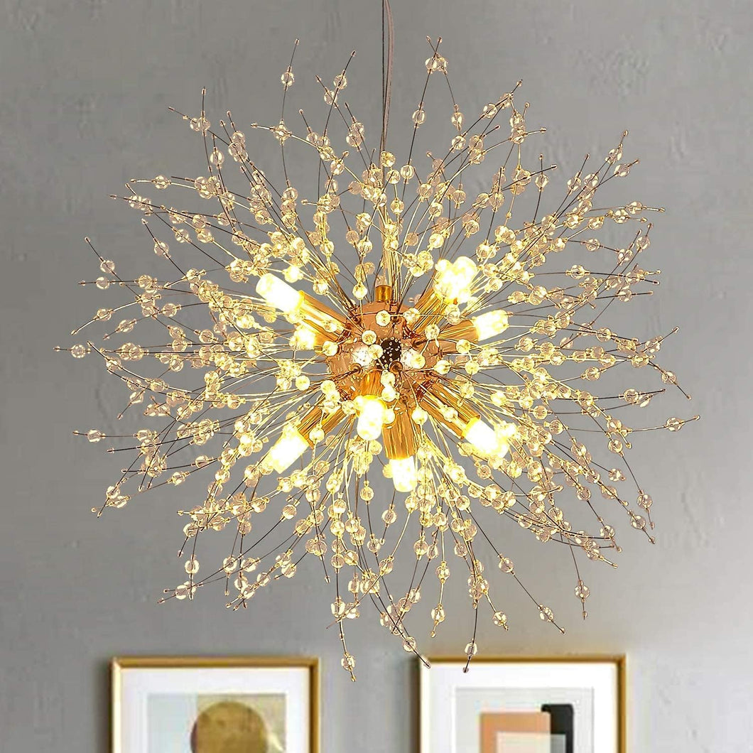 Modern Firework Chandeliers Dandelion Pendant Light, 8 Lights G9 Lamps Alloy Fixtures - with Bulb and 32 Strings Crystal, for Living Room, Bedroom, Dining, Foyer, Hallway, Shop (Gold, Warm Light)