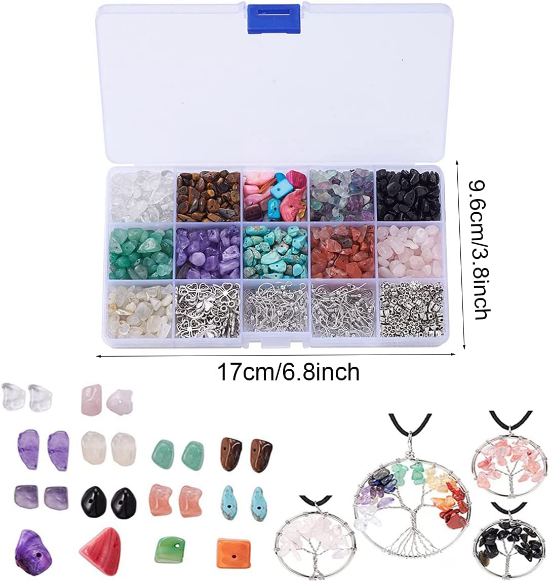 Gemstone Beads Kit 960 Pcs Crystal Jewellery Making Kit 15 Colors Irregular Natural Chips Stone Beads with Earring Hooks, Jump Rings, Pendants Charms for Earring, Necklace, Bracelet and Jewelry Making