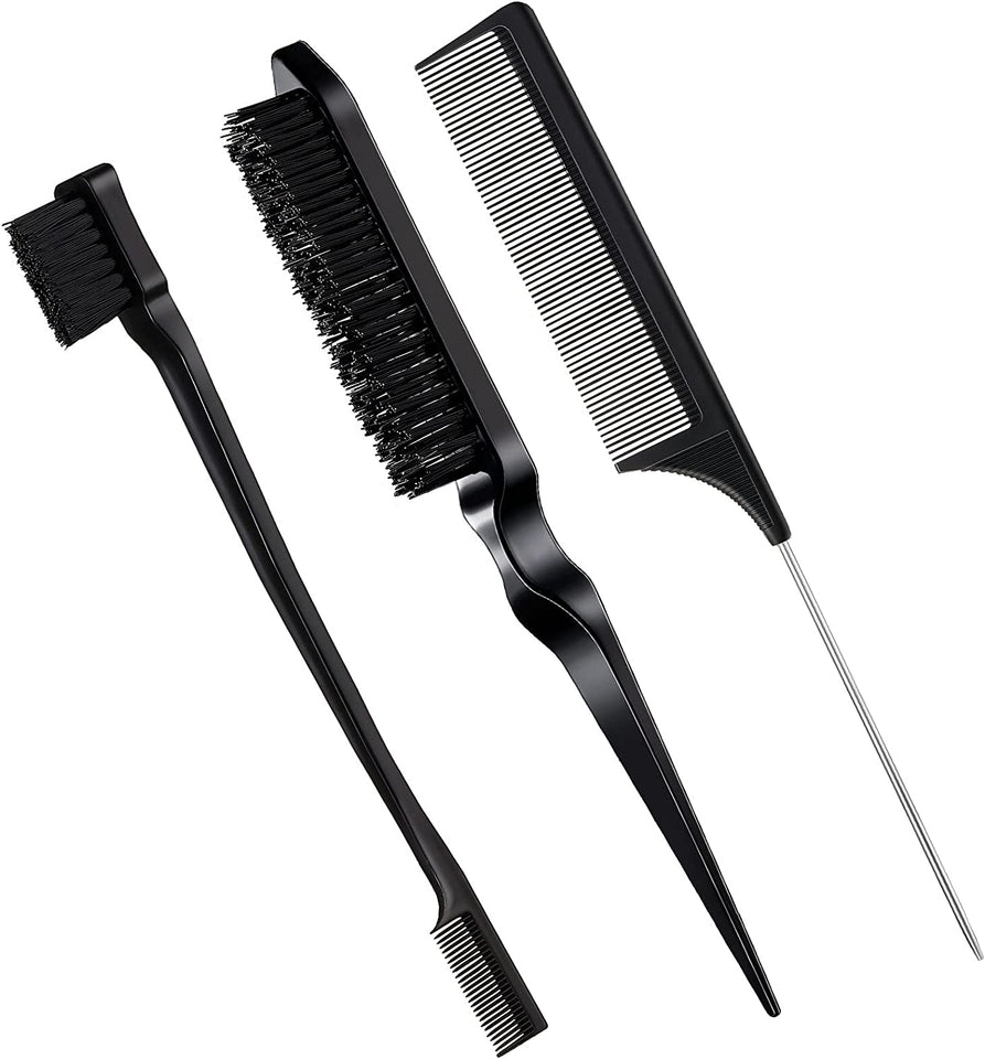 3 Pcs Slick Brush Set Bristle Hair Brush Teasing Comb Edge Hair Brush Grooming Combs Sturdy Rat Tail Comb for Women Babies Kids' Hair (Black)