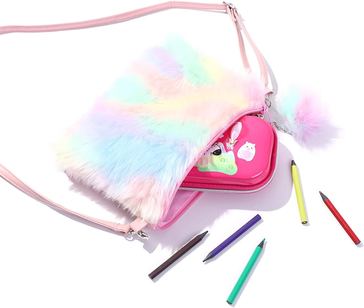 Kids Girls Fluffy Crossbody Purse Fuzzy Bag Plush Tie Dye Rainbow Shoulder Bag Handbag Wallet