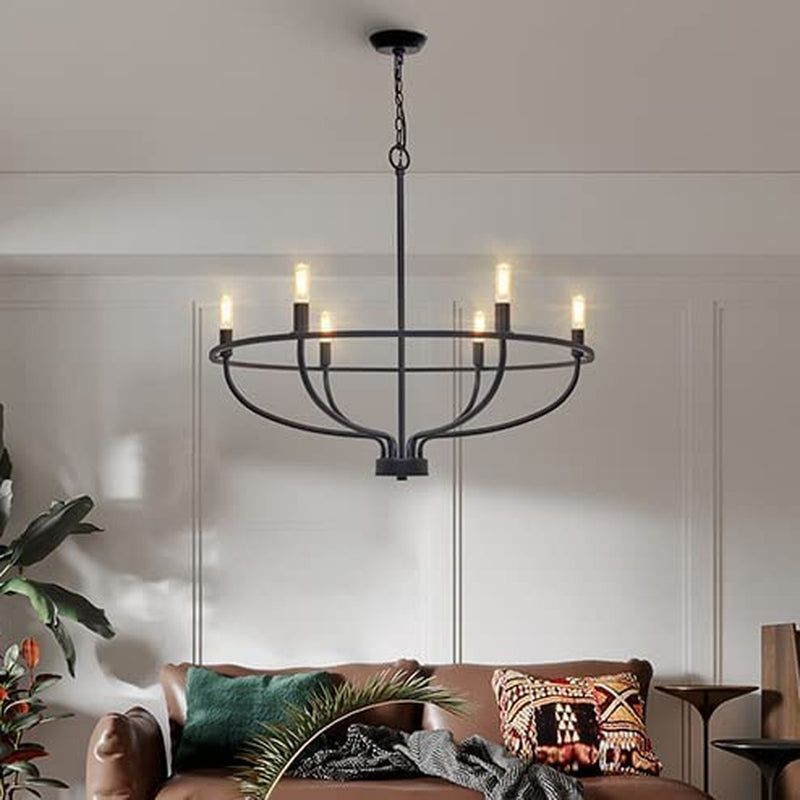 6-Light Black Chandelier Vintage Candle Farmhouse Iron Pendant Ceiling Light Fixture Wagon Wheel Chandelier over Table for Dining Room Living Room Kitchen D72.5Cmxh65Cm E14 Bulbs Included