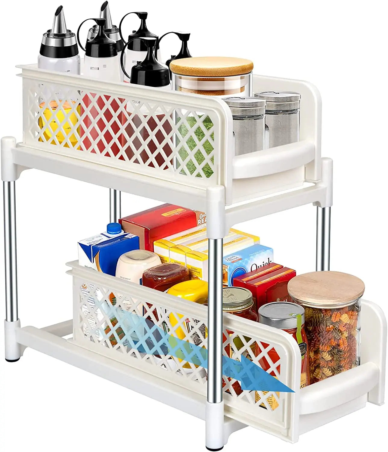 2 Tier Spice Rack Organizer with Sliding Drawer Organizer, under Sink Organizers and Storage Rack Pull Out Cabinet Basket Organizer for Bathroom Kitchen Bedroom, Beige