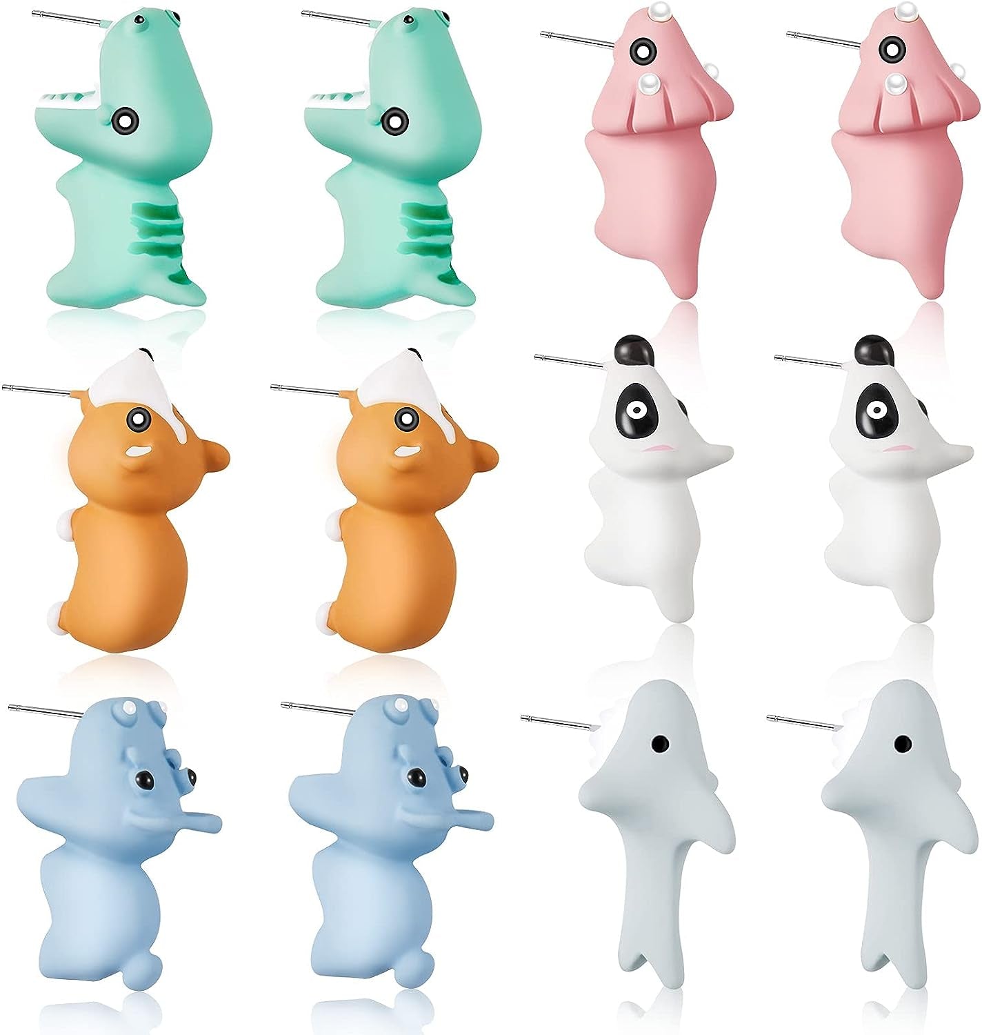 6 Pairs Cute Animal Bite Earring Handmade Alloy Clay Stud Earrings 3D Cartoon Dinosaur Shark Animal Stud Earring for Kids Girls Women Christmas New Year, Clay, Steel, Clay, Steel