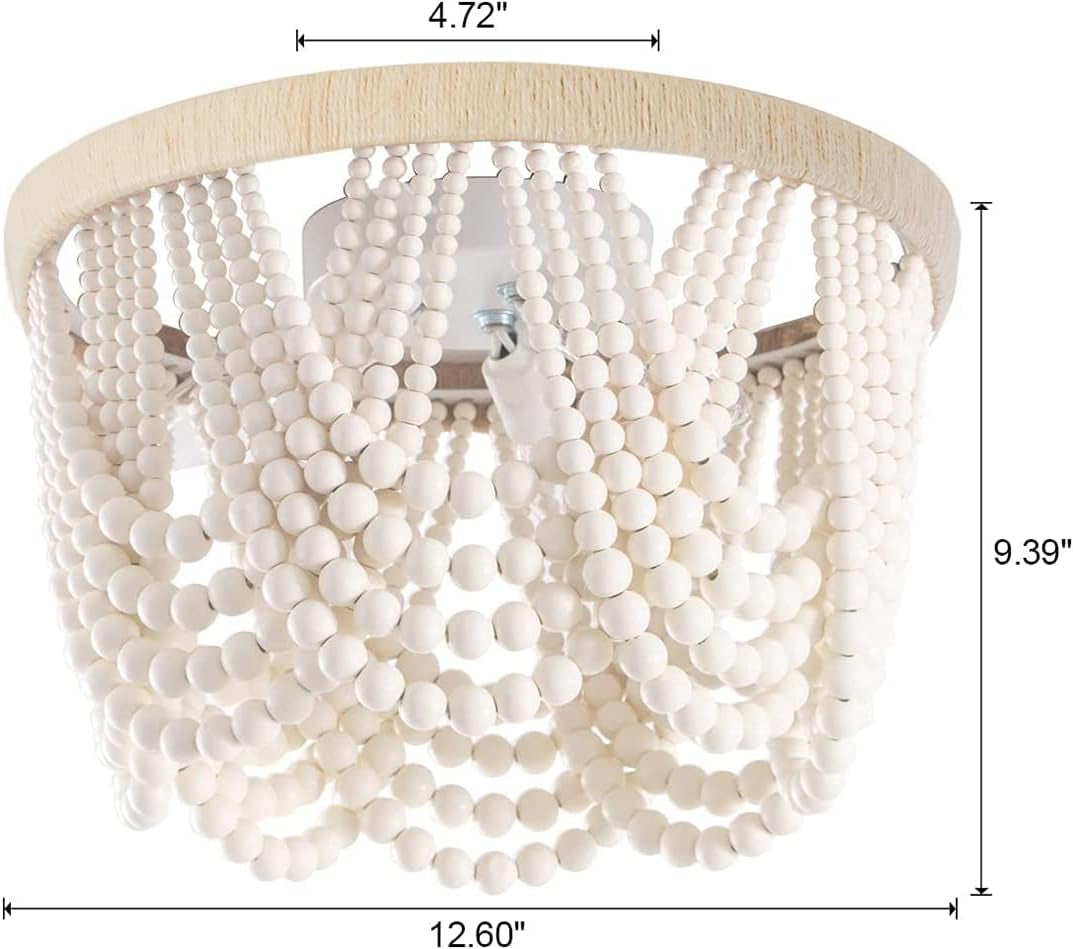 Bohemia Wood Beaded Chandelier Flush Mount Ceiling Light,Farmhouse Antique White with Hemp Rope Mini Pendant Light Fixture for Bedroom,Hallway, Entryway, Passway, Dining Room,3-Light