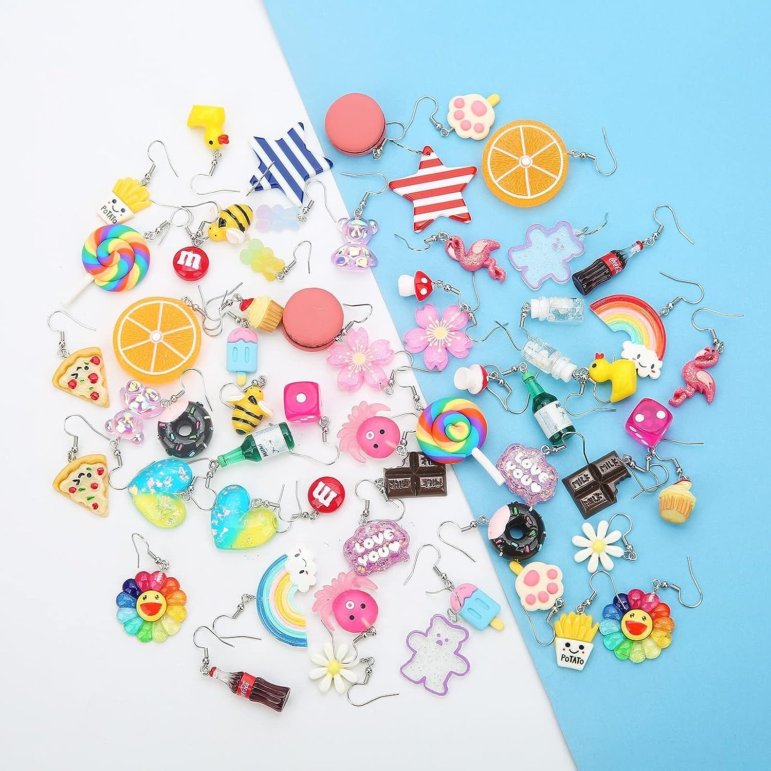 30 Pairs Weird Fun Cute Earrings for Women Kawaii Earrings Including Flamingo Rainbow Duck Gummy Bear Water Bottle Pizza Fries Mushroom Conch Drop Dangle Earring Set for Girls