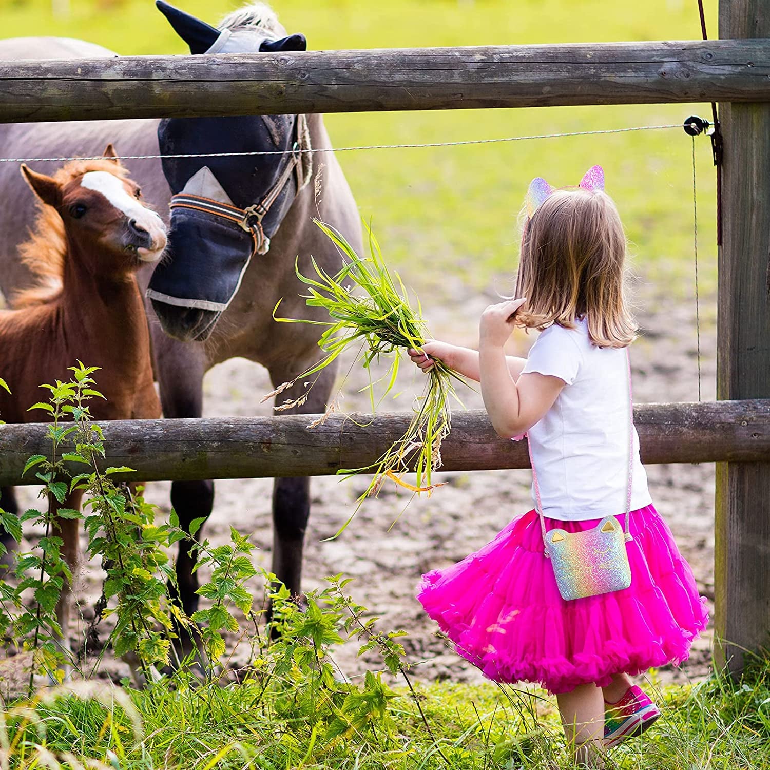 3 Pcs Cat Shoulder Bag Set, Cute Hand Bags Handbag with Mini Coin Purse Cat Headband for Christmas Girl Birthday, Glitter Rainbow Color