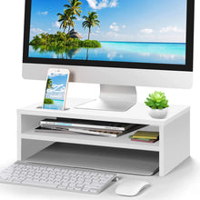 Load image into Gallery viewer, Monitor Stand,2-Tier Wood Computer Stand Riser,Monitor Stand Riser with Cellphone Holder,Desktop Stand Laptop Desk Riser,Ergonomic Desk Shelf Stand Organizer for Monitor/Printer/Laptops(White)
